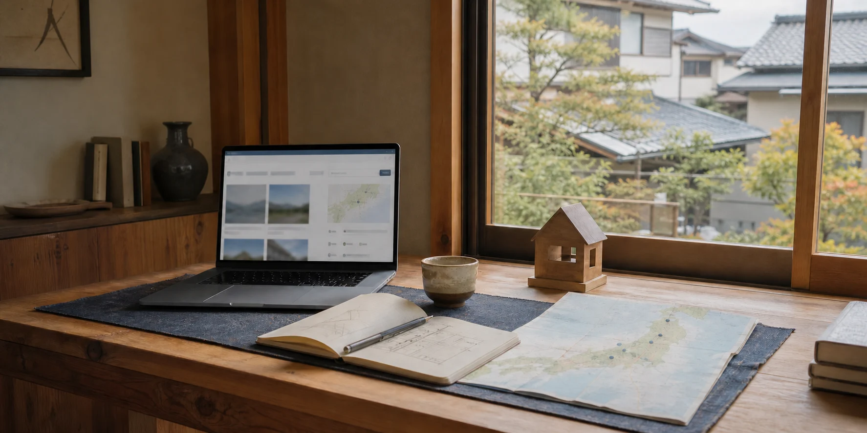 A Japanese home buyer's desk with a map of Japan, property notes, a laptop, and a wooden house model